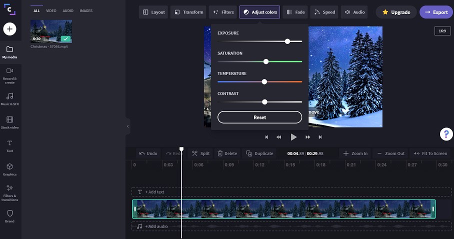 Панель Adjust colors в Clipchamp