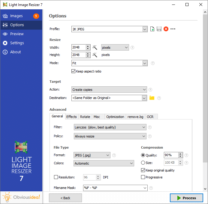 Раздел Options в Light Image Resizer 7 с профилем, шириной, высотой, форматом JPEG и параметрами сжатия