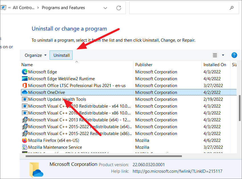 Кнопка Uninstall в окне Программы и компоненты Windows