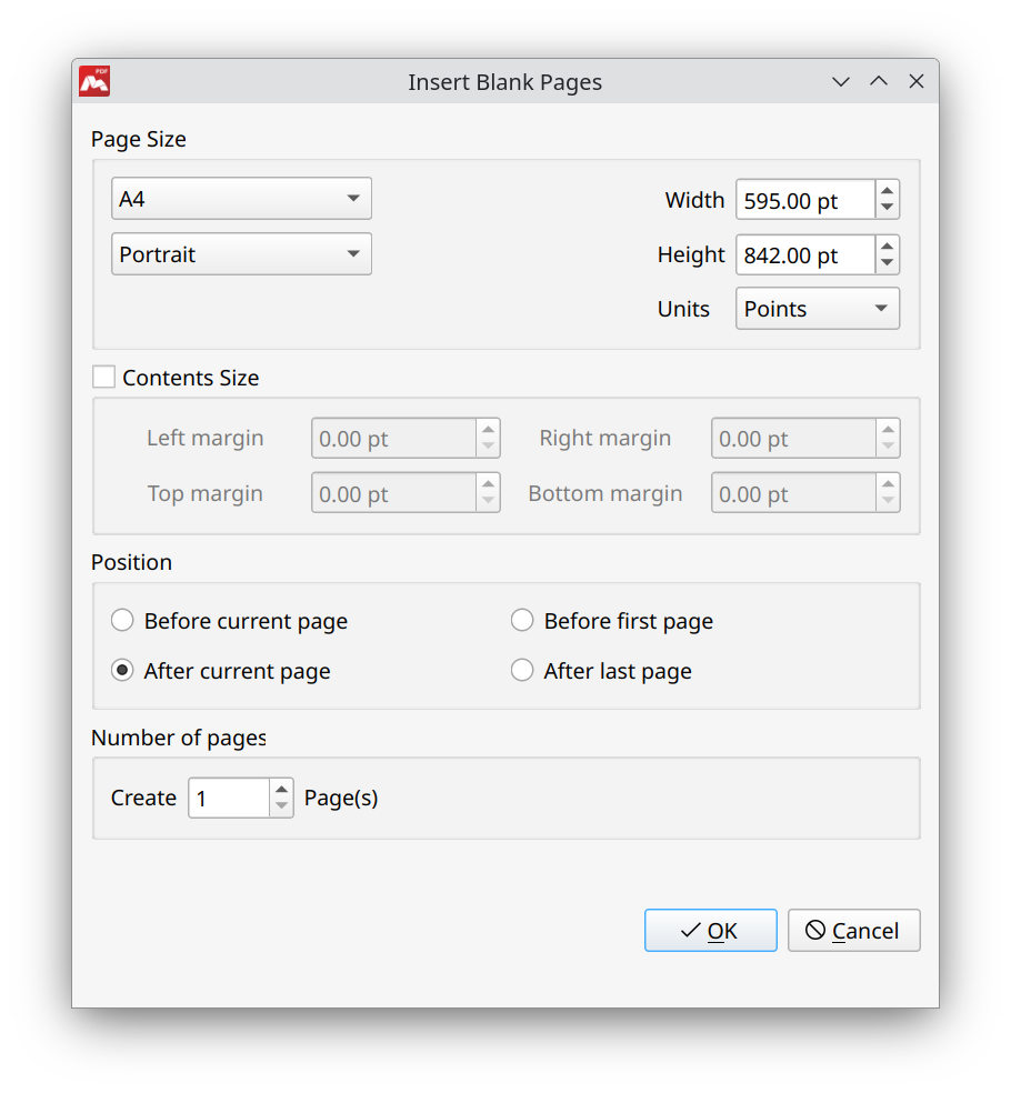 Диалог Insert Blank Pages в Master PDF Editor