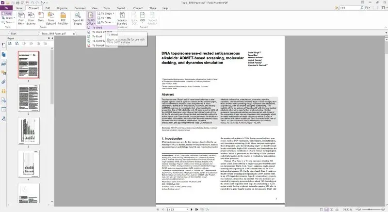 Меню преобразования PDF в Word в Foxit PDF Editor