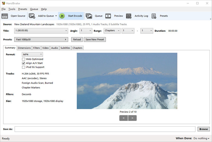 Окно HandBrake с Open Source, выбором MP4 и Start Encode