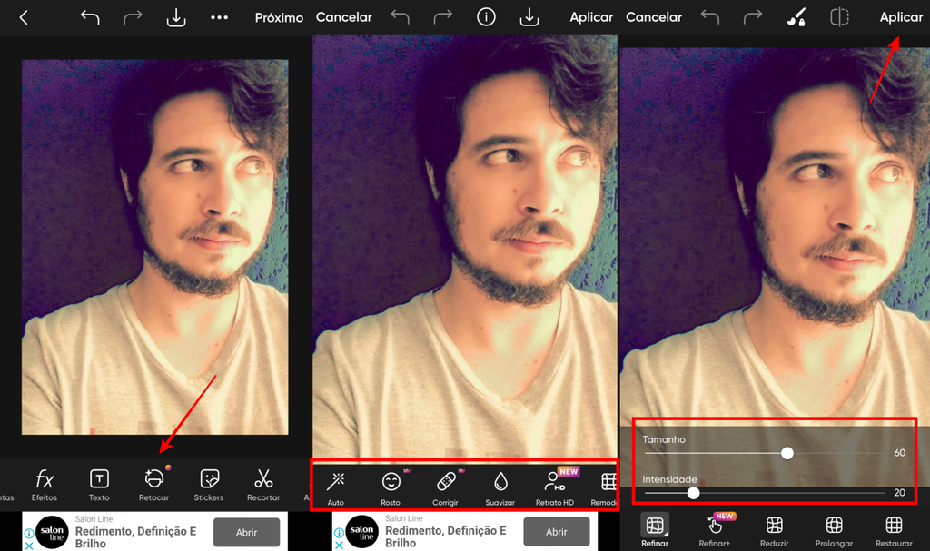 Мобильный интерфейс Picsart Retouch на мужском портрете