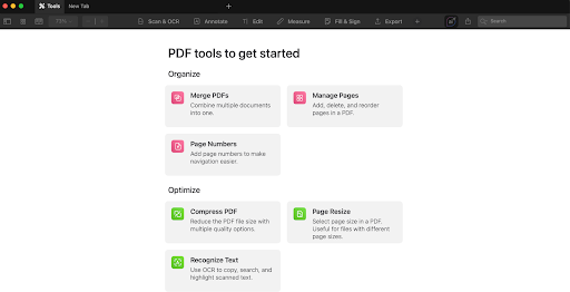 Интерфейс PDF Expert с разделами инструментов