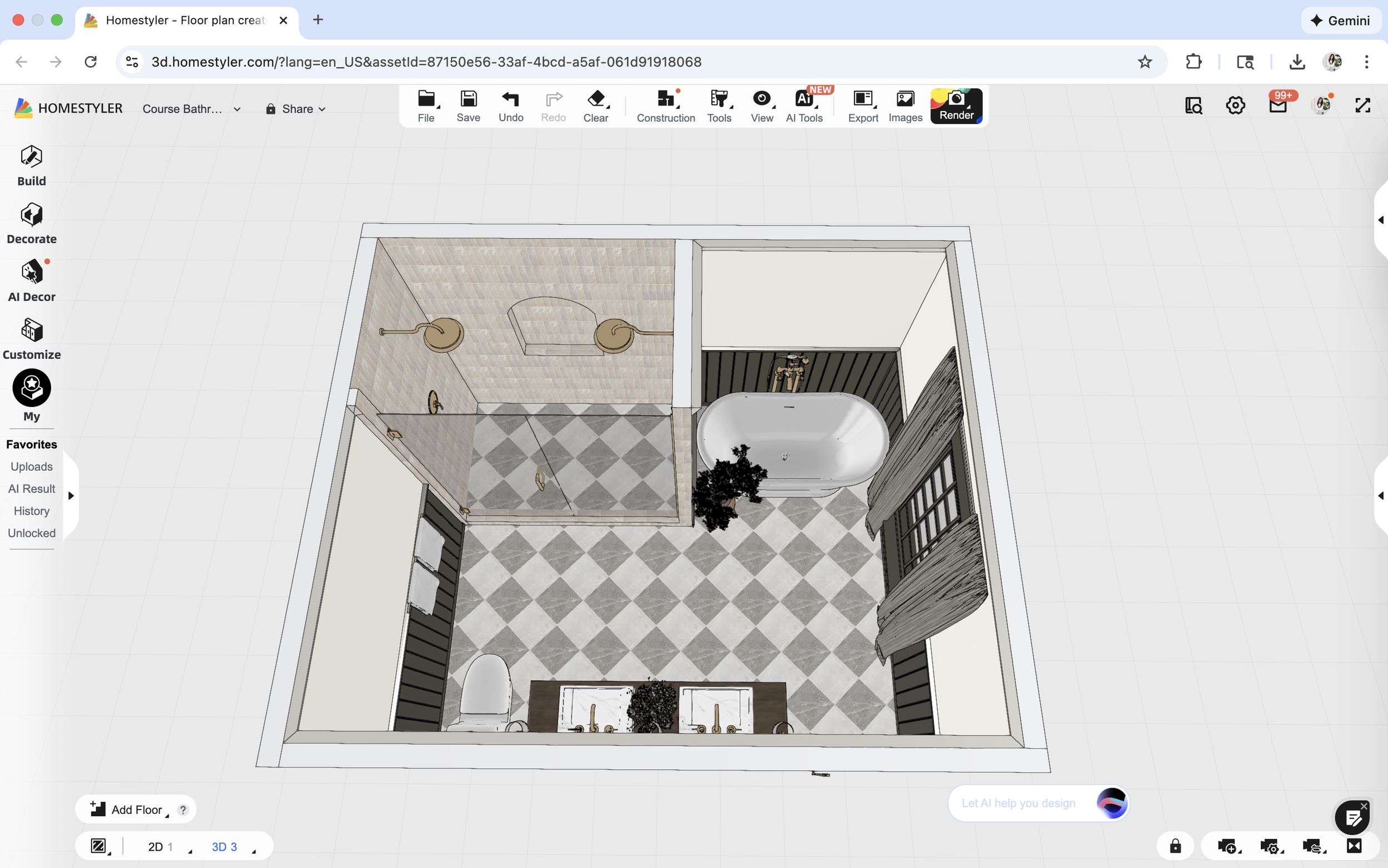 Интерфейс Homestyler с проектом ванной