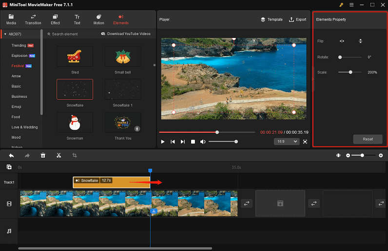 MiniTool MovieMaker: свойства снежного элемента
