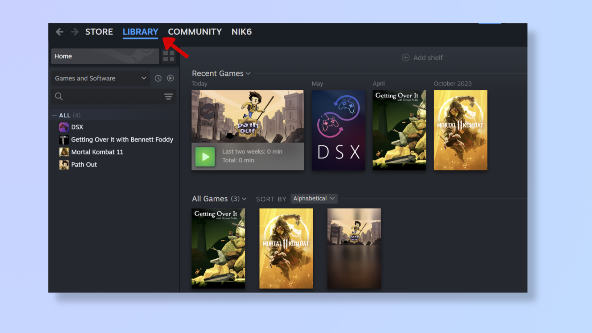 Библиотека Steam с выбранной вкладкой Library