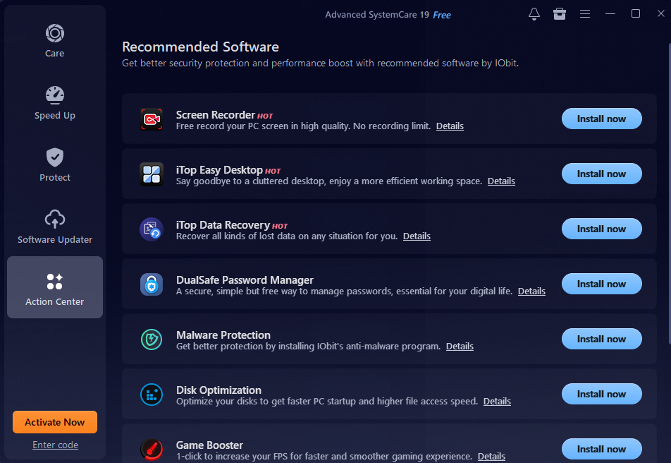 Action Center в Advanced SystemCare с рекомендованными программами