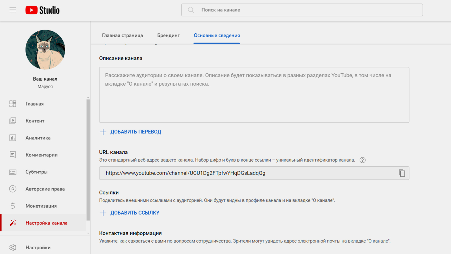Раздел настройки канала в YouTube Studio