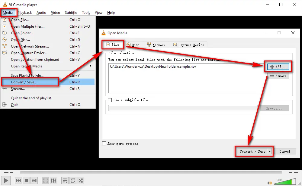 VLC: Media → Convert/Save, вкладка File, кнопка Add и добавленный sample.nsv