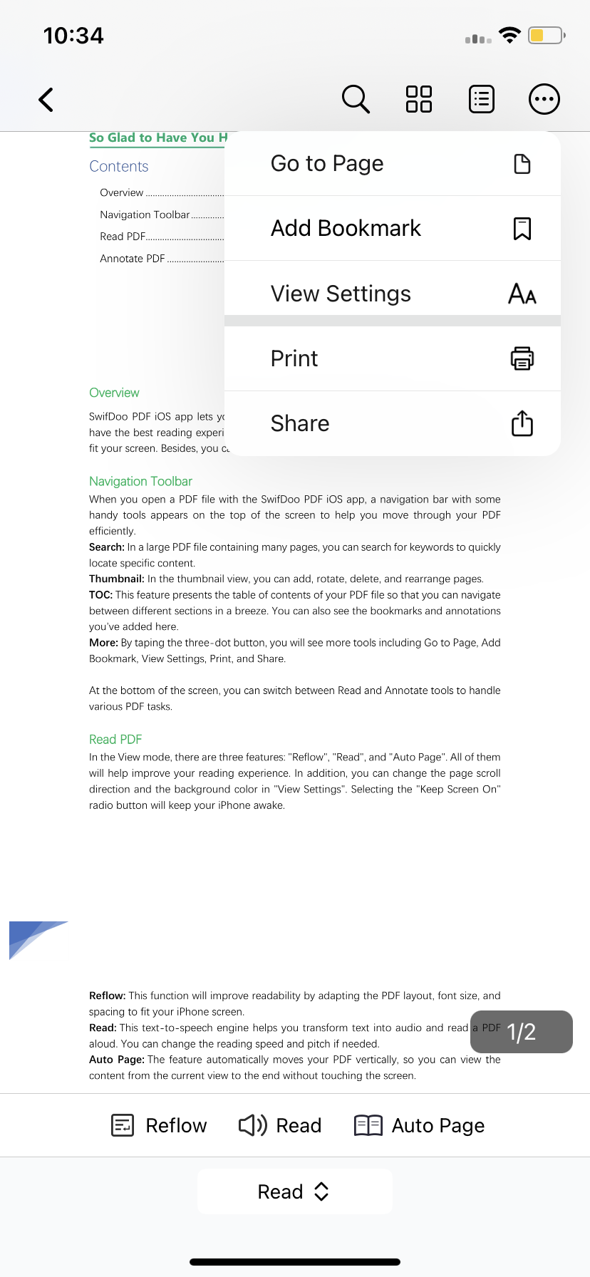 Интерфейс SwifDoo PDF на iPhone с меню просмотра и работы с документом