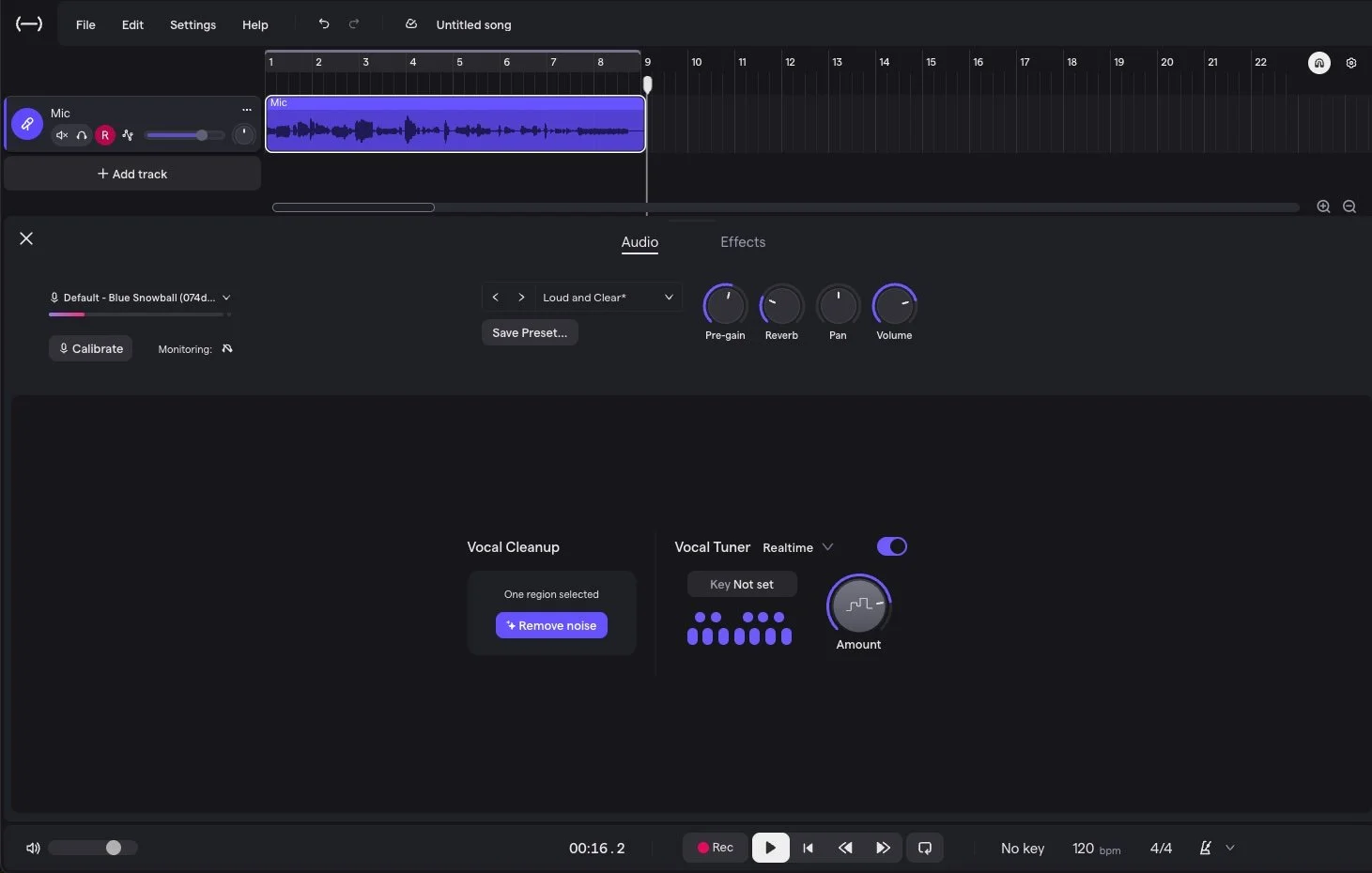 Интерфейс Soundtrap Studio с Vocal Cleanup, Vocal Tuner и настройками вокальной дорожки