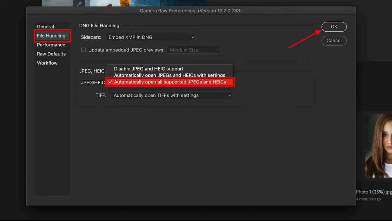 Настройки Camera Raw для открытия изображения