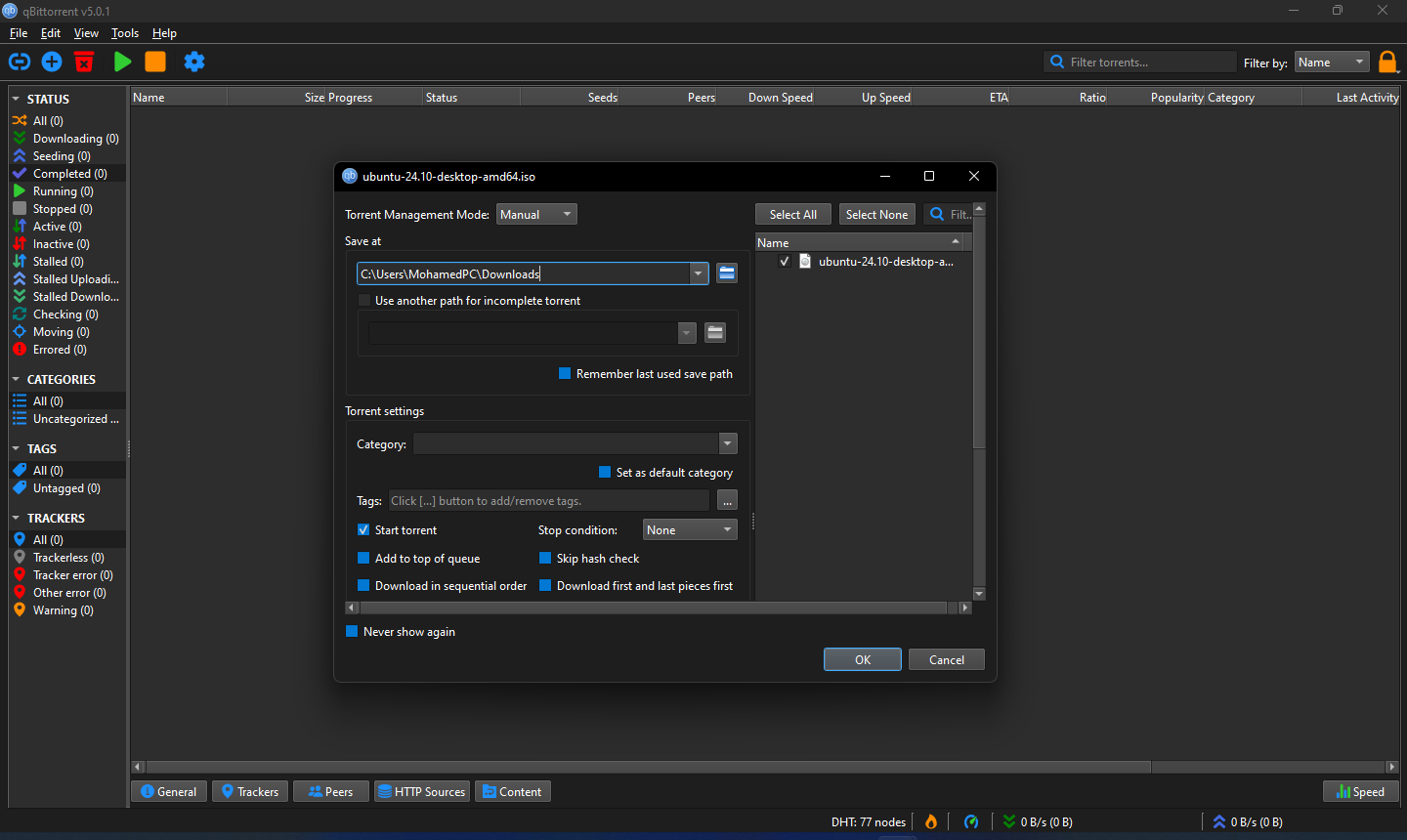 qBittorrent: окно добавления torrent и список задач в Windows
