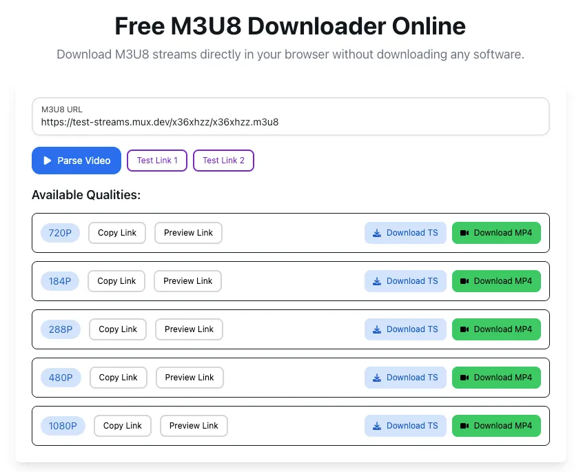 Интерфейс m3u8player.app с полем M3U8 URL, кнопкой Parse Video и вариантами качества