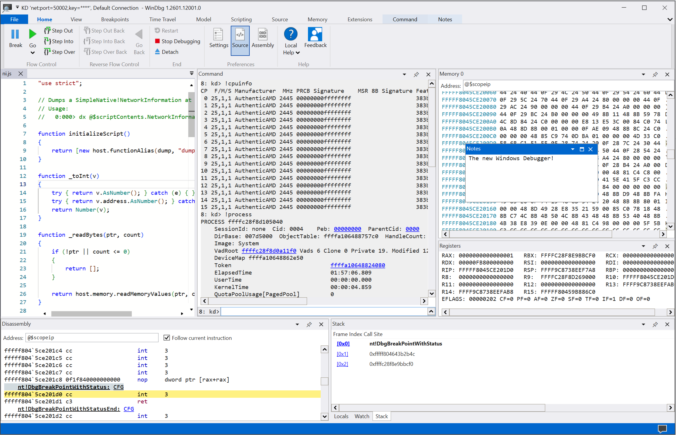 Интерфейс WinDbg для анализа crash dump Windows