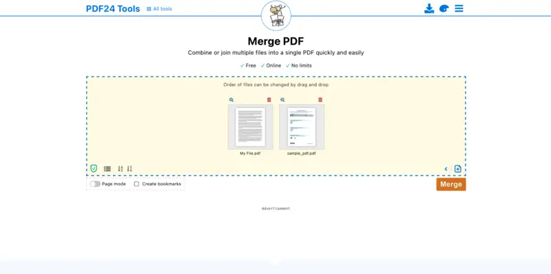 Окно PDF24 для объединения и перестановки PDF