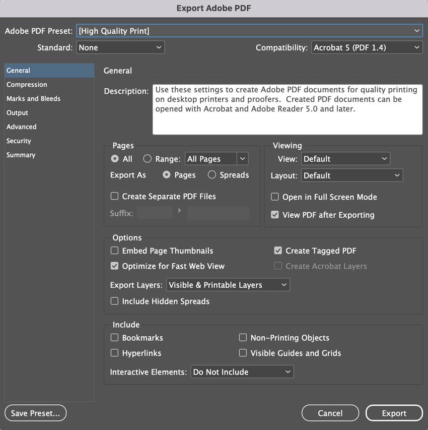 Диалог Export Adobe PDF в Adobe InDesign