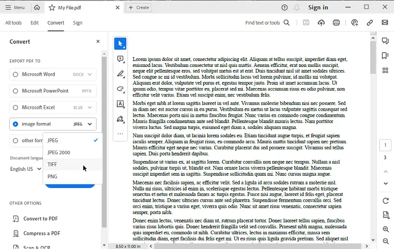 Выбор TIFF как выходного формата в Adobe Acrobat