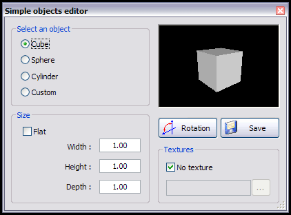 Simple objects editor в Magic 3D Easy View с типами Cube, Sphere, Cylinder и размерами