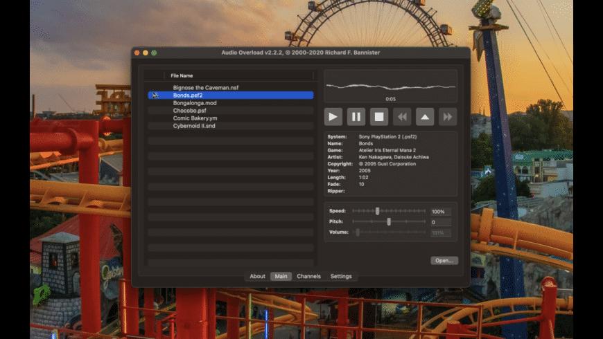 Интерфейс Audio Overload на macOS со списком игровой музыки и панелью воспроизведения