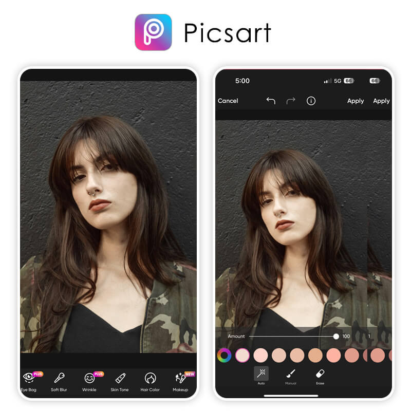Интерфейс PicsArt с инструментом Skin Tone, палитрой, кистью и ластиком