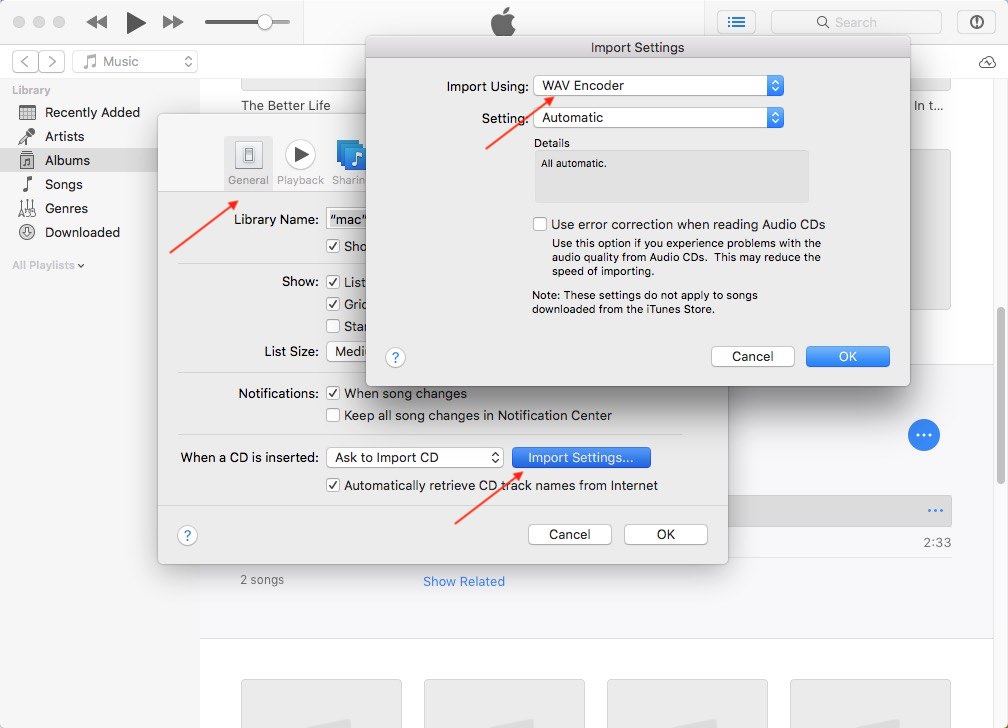 iTunes: выбор WAV Encoder в Import Settings