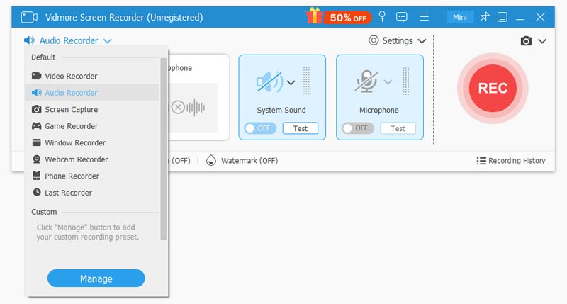 Выбор режима Audio Recorder в Vidmore Screen Recorder