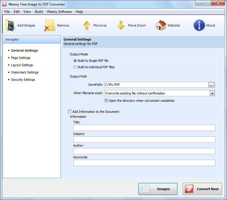 General Settings в Weeny Free Image to PDF Converter с выбором одного или отдельных PDF