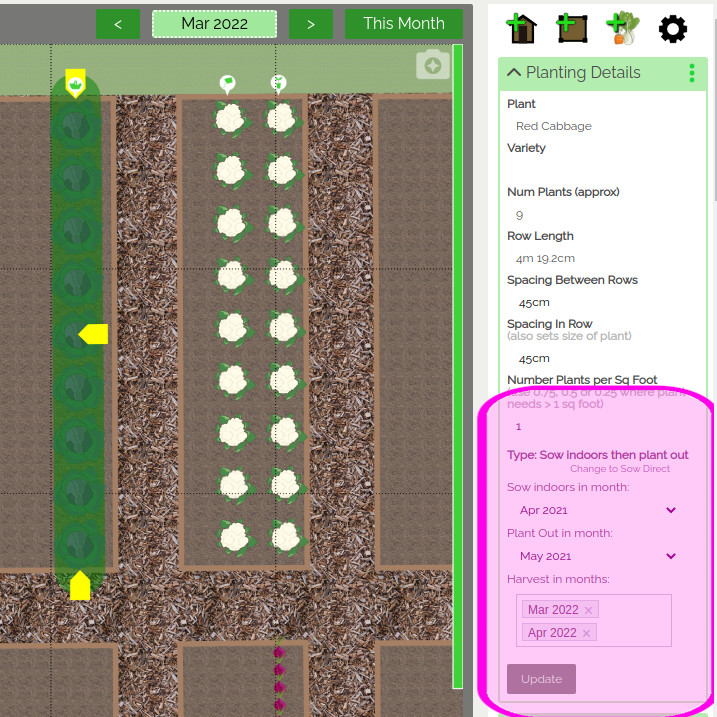 VegPlotter: план грядок и панель Planting Details с количеством растений, расстояниями и сроками