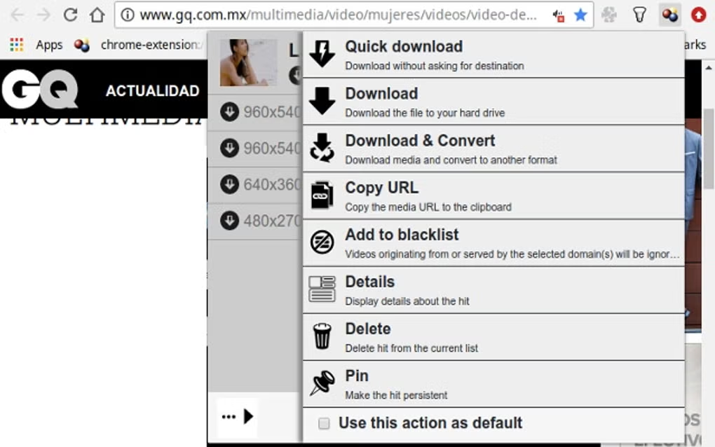 Меню Video DownloadHelper с найденными вариантами видео
