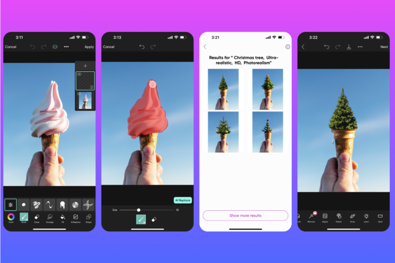 Последовательность выделения области и генерации в PicsArt AI Replace