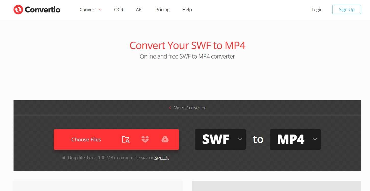 Интерфейс Convertio для преобразования SWF в MP4