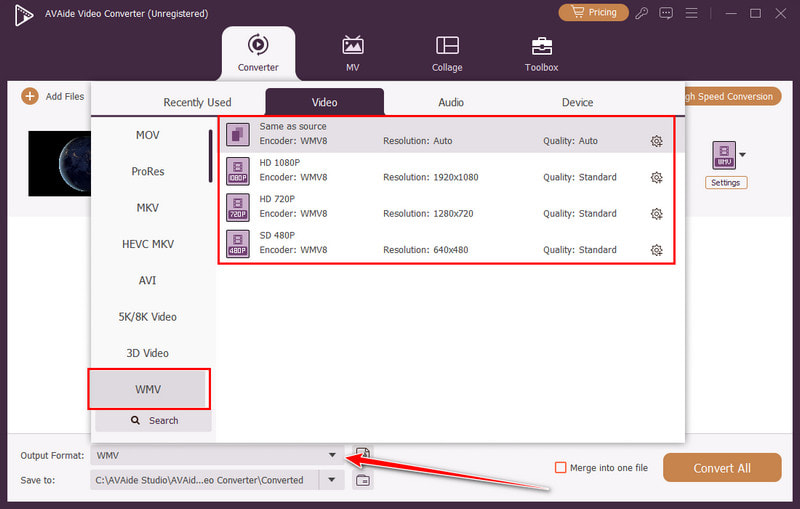 Выбор WMV как выходного формата в AVAide Video Converter