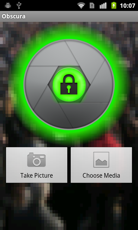 Главный экран ObscuraCam с действиями Take Picture и Choose Media