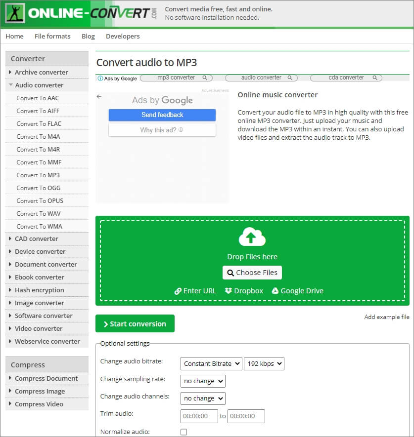 Интерфейс Online-Convert для преобразования аудио в MP3 и настройки параметров
