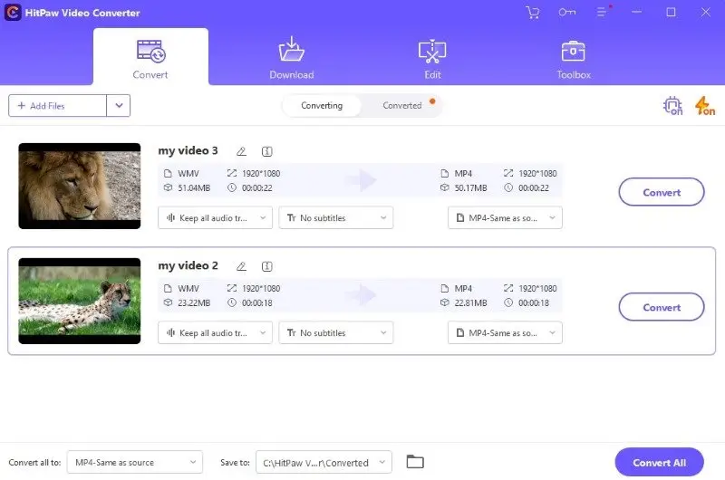 Очередь HitPaw Video Converter с WMV и MP4