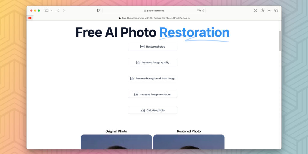 Интерфейс PhotoRestore.io с настройками обработки