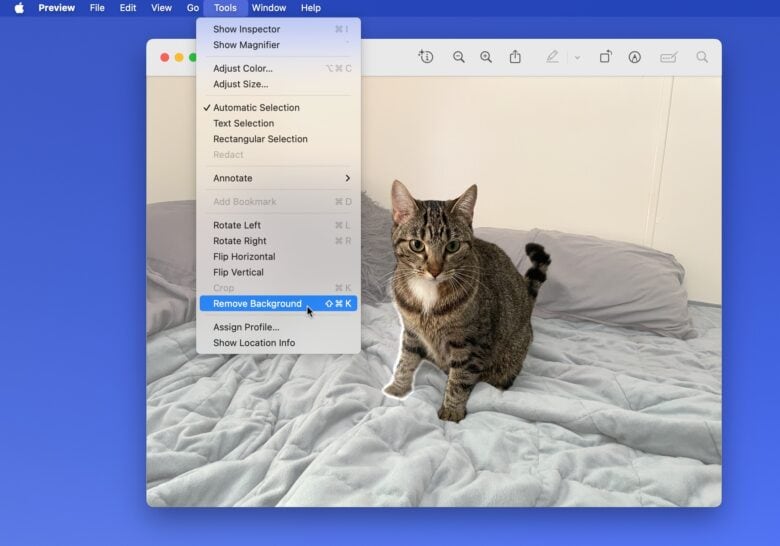 Команда Remove Background в меню Tools приложения Preview