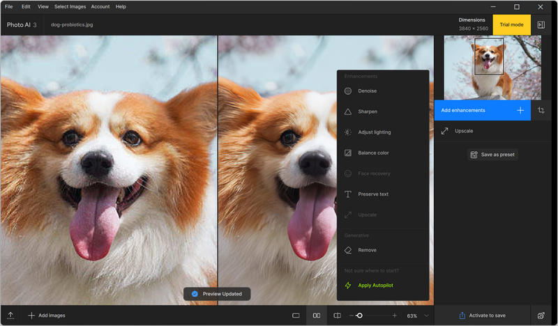 Интерфейс Topaz Photo с Denoise, Sharpen, Adjust Lighting и Upscale