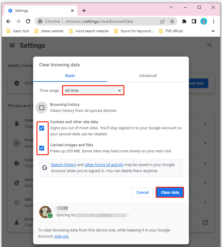 Окно удаления данных браузера в Google Chrome