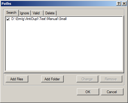 Окно Paths в AntiDupl.NET с вкладками Search, Ignore, Valid и Delete