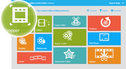 Главный экран GiliSoft Video Editor с плитками инструментов Cropper, Effect, Easy Cutter, Rotation, Subtitle, Watermark, Joiner, Advanced Cutter и Splitter