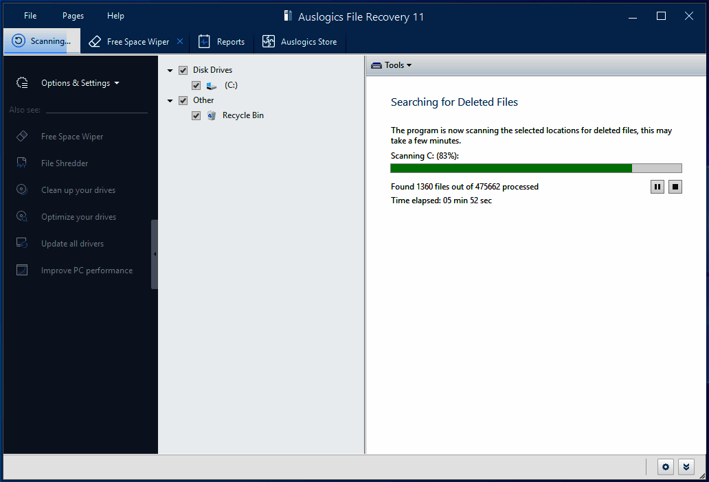 Процесс сканирования выбранного диска в Auslogics File Recovery
