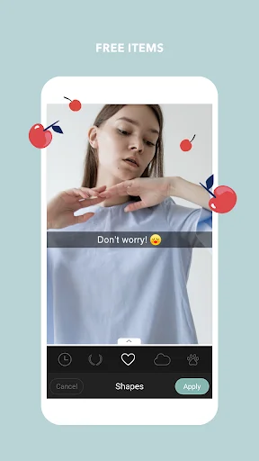 Раздел Free Items в Cymera с декоративными элементами Shapes, кнопками Cancel и Apply