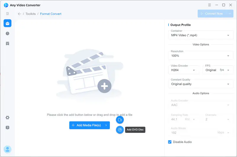 Кнопка Add DVD Disc в инструменте Format Convert программы Any Video Converter
