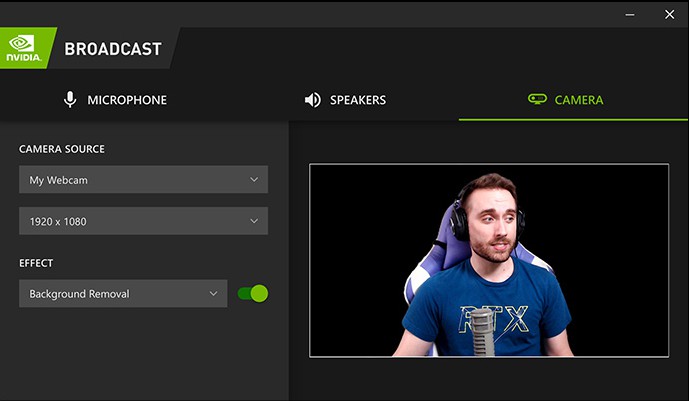 Интерфейс NVIDIA Broadcast с эффектами камеры и микрофона