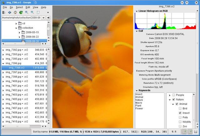 Geeqie с гистограммой, EXIF и панелью ключевых слов