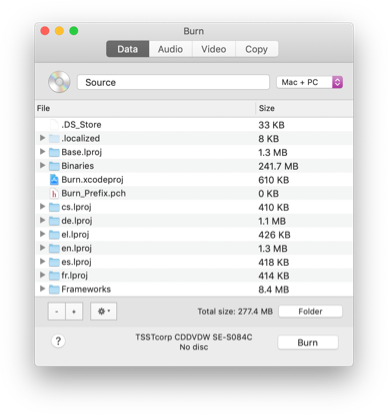 Главное окно Burn для macOS с вкладками Data, Audio, Video и Copy