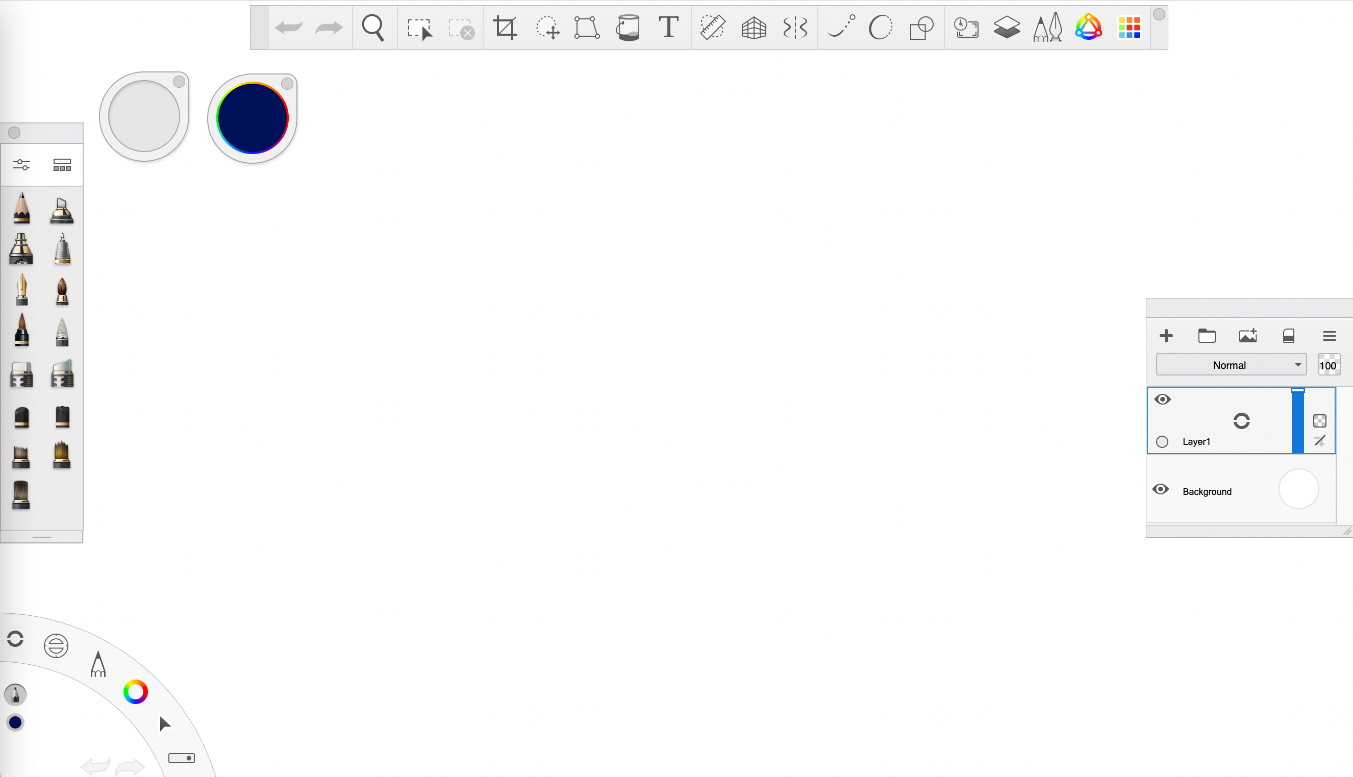 Чистое рабочее пространство Sketchbook Pro с панелью кистей, Brush Puck, Color Puck и Layer Editor